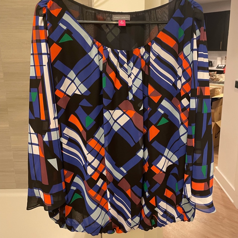 Vince Camuto Blue Geometric Print Top XL